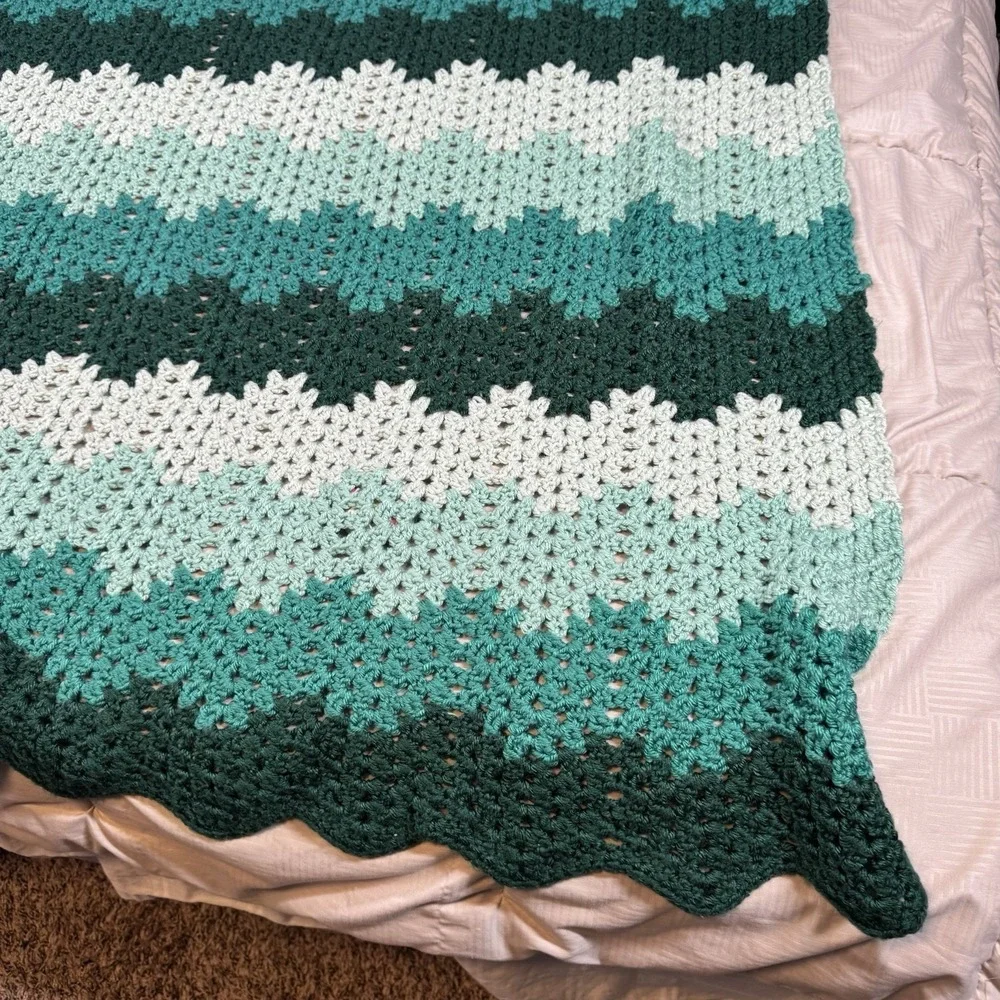 Handmade Turquoise Green Ombre Chevron Crochet Blanket 46